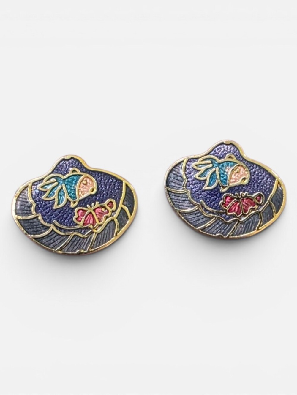 Vintage 70s 80s Cloisonné Style Enamel Post Earrings Purple Gold .25"X .5"